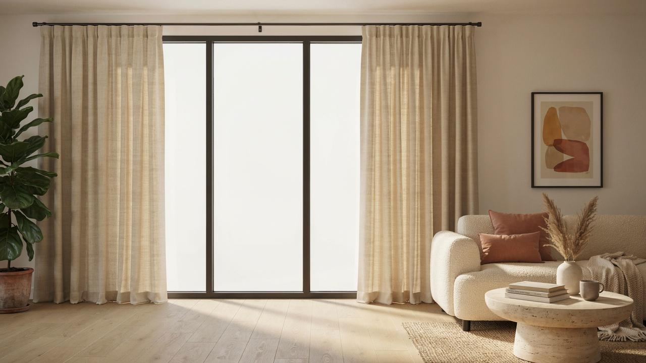 Floor-length curtains hanging neatly from a rod in a bright modern living room.