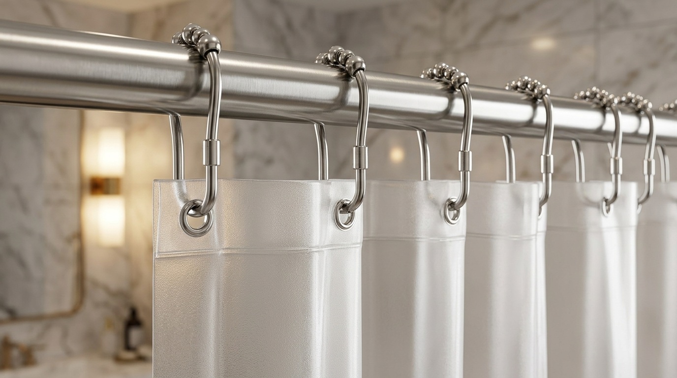 Stainless steel roller hooks on chrome rod holding white frosted shower curtain liner in marble bathroom