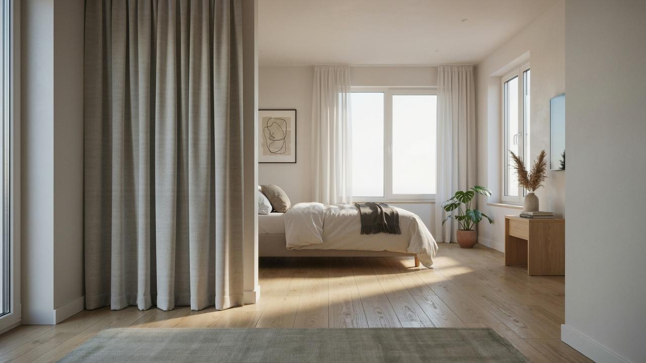 Blackout curtains covering a sun-facing window help reduce sunlight and heat entering the room.