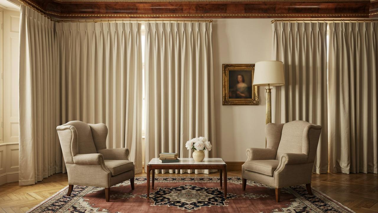 Goblet pleat curtains with rounded sculpted folds in a formal room.