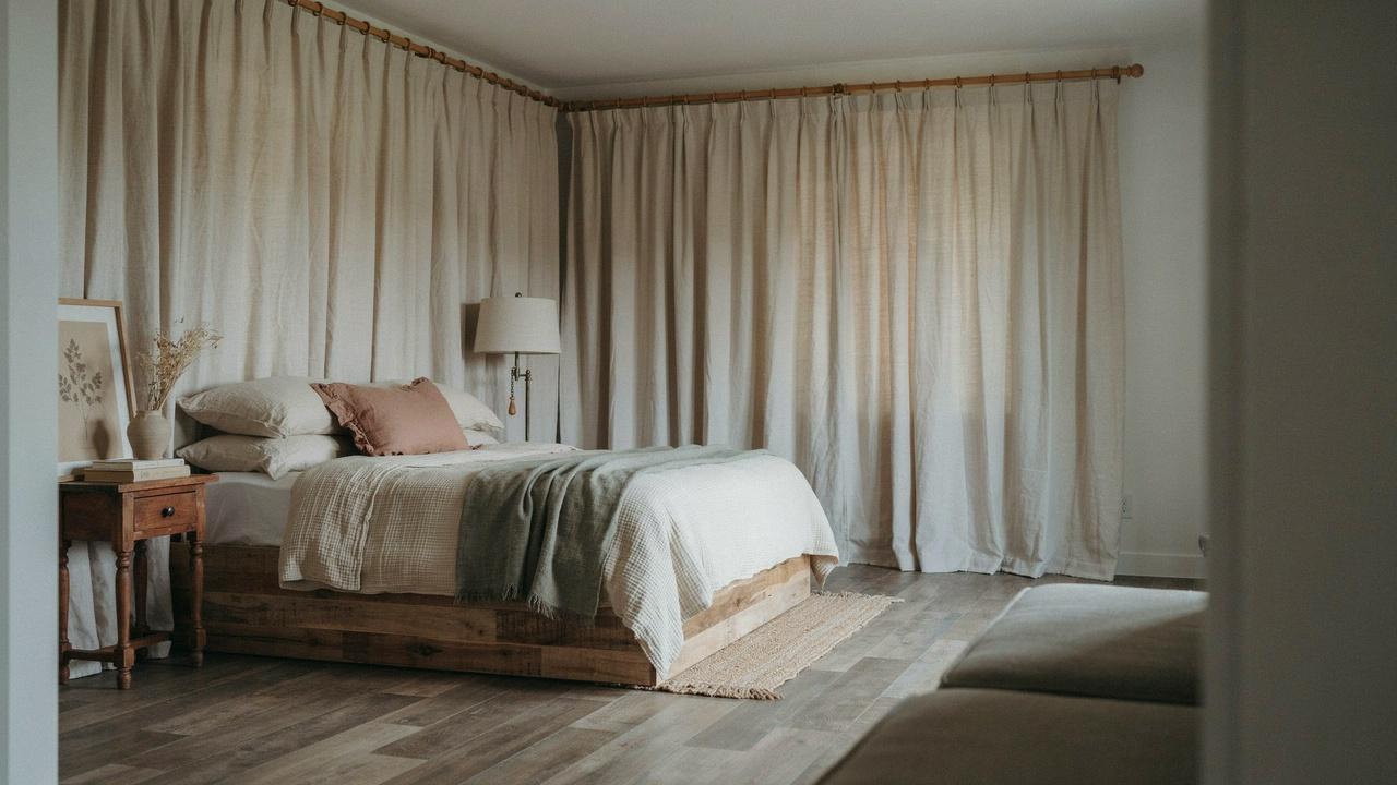 Rustic bedroom with reclaimed wood platform bed, floor-to-ceiling beige linen curtains, jute rug, vintage nightstand.