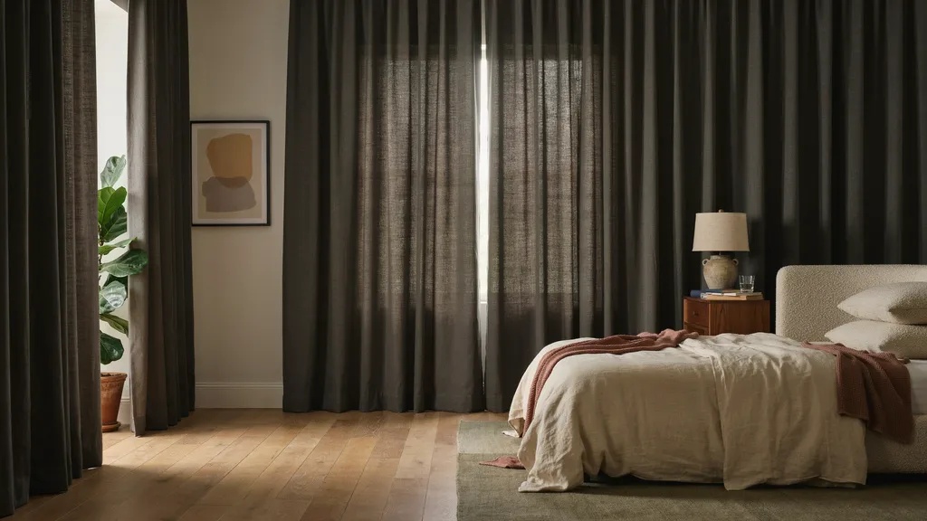 Heavy blackout curtains fully covering a bedroom window.
