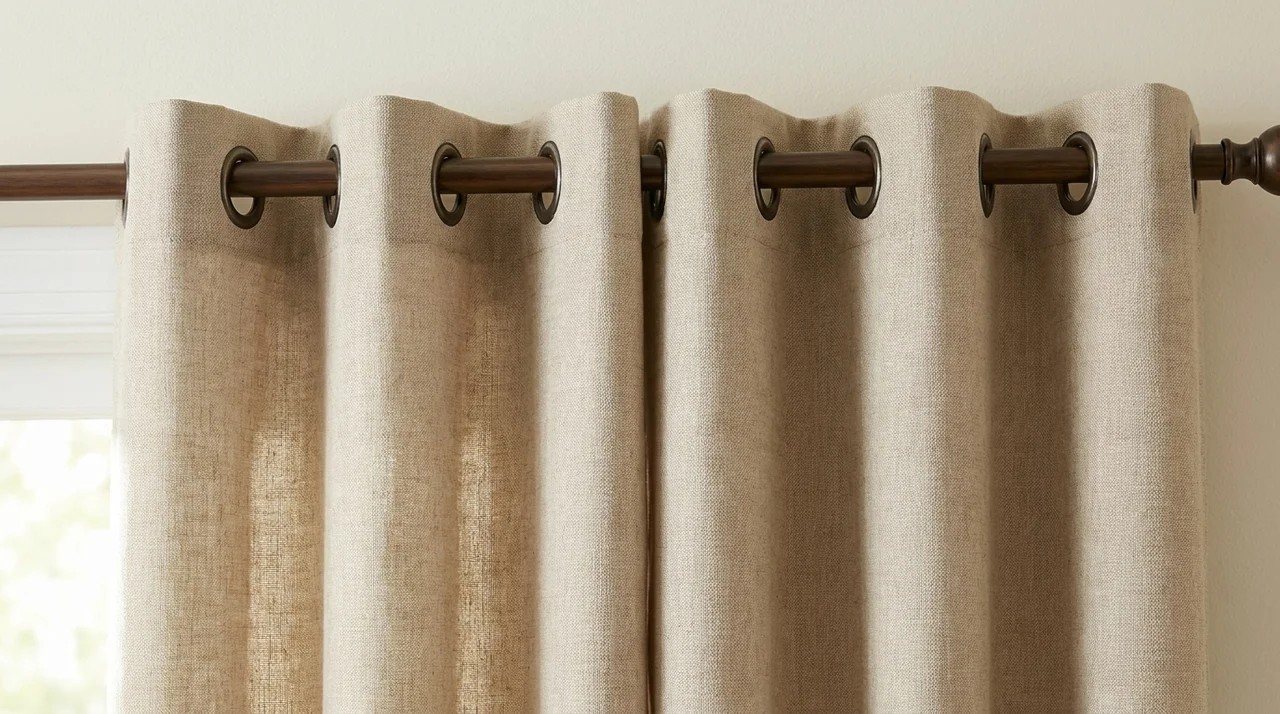 Grommet curtain panels threaded through a rod with evenly spaced rings and clean W-shaped folds.