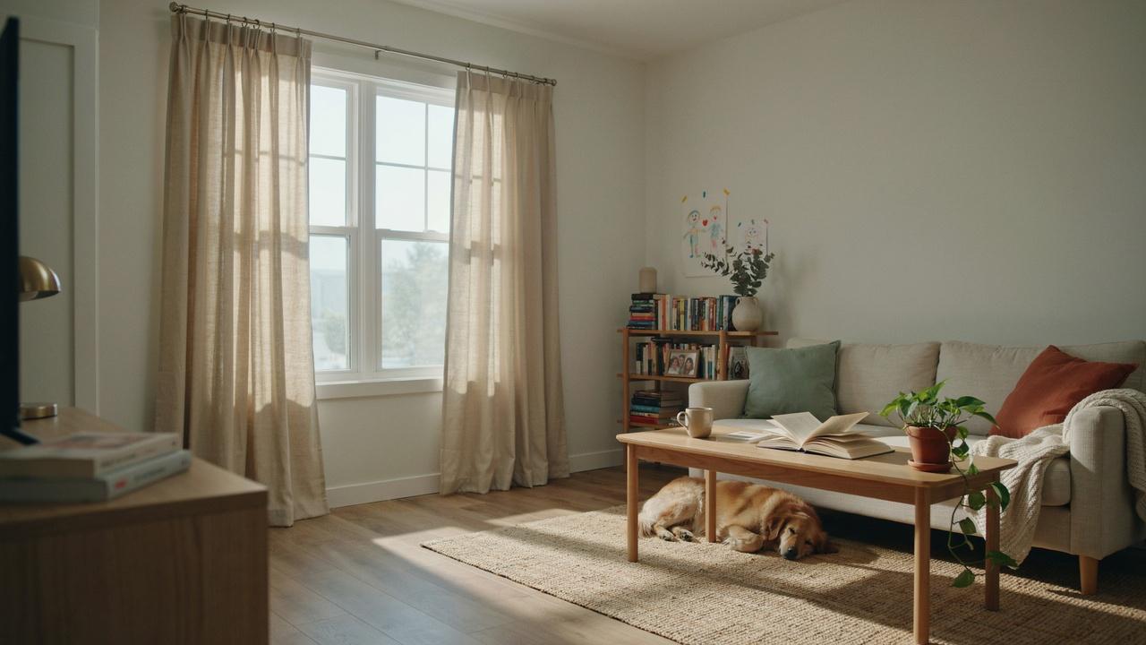 Soft cotton curtains with natural folds in a bright family living room.