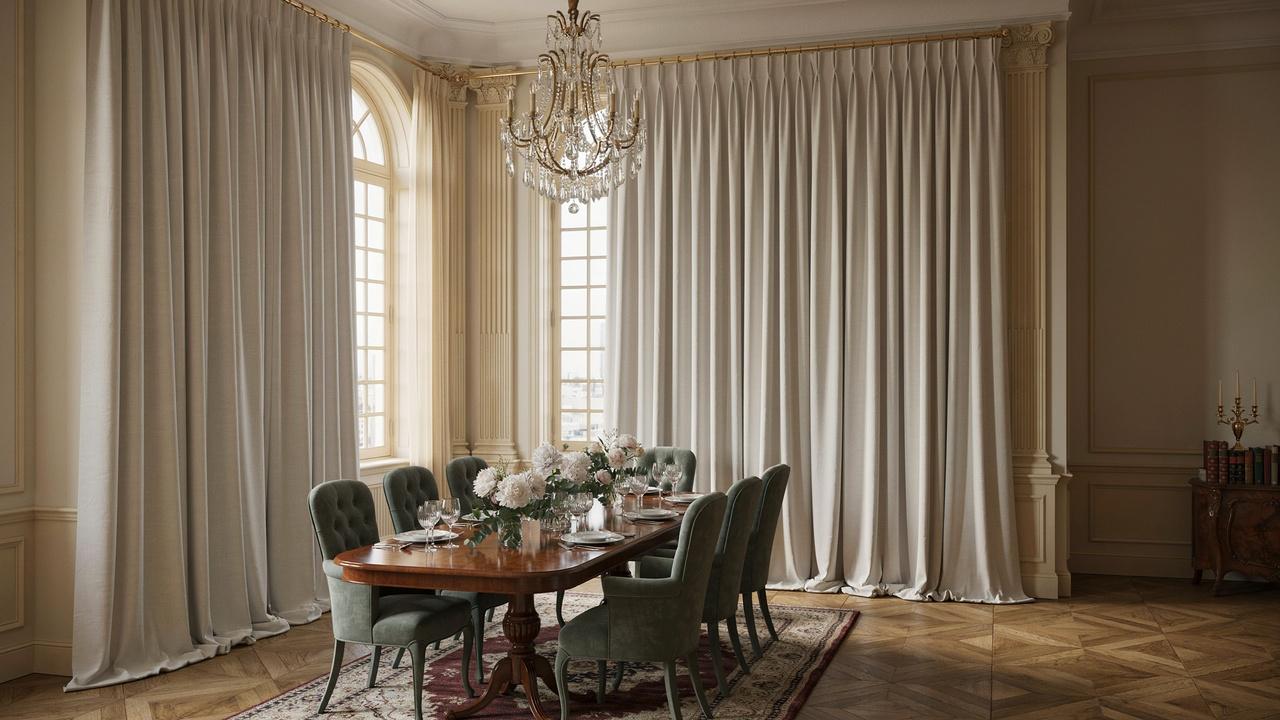 French pleat curtains with deep triple-fold structured pleats.