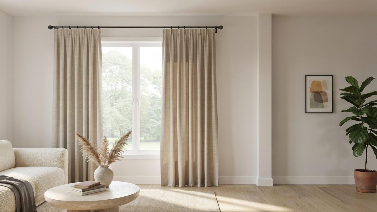 Curtain rod mounted above a large window with full-length curtains hanging toward the floor.