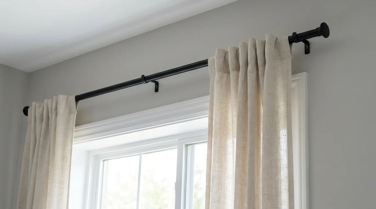 Standard curtain rod brackets positioned evenly above and outside a window frame.