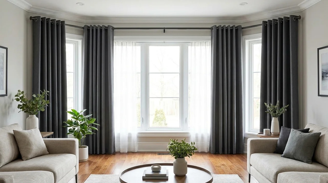 Grommet curtains hanging evenly from a properly installed rod around a bright residential window.