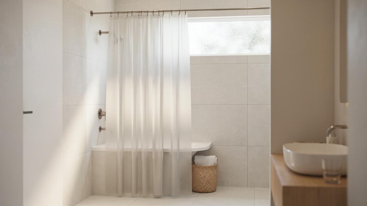 Modern bathroom with a water-resistant PEVA shower curtain hanging neatly around a bathtub.