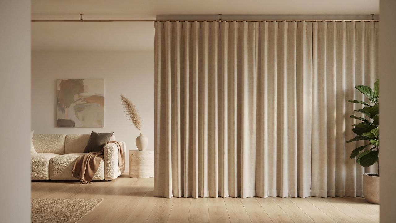 Back tab curtains with a smooth front and hidden loops in a modern room.