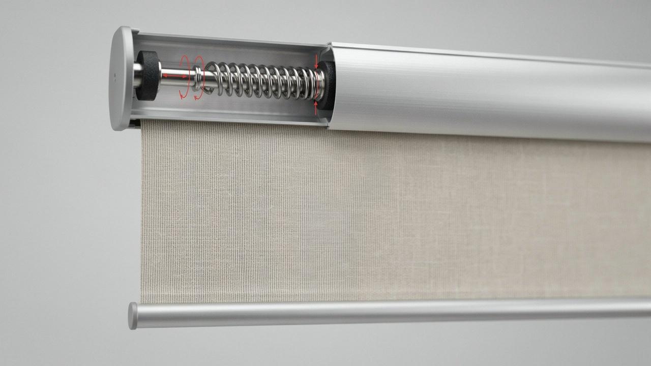 Motorized cordless roller blinds on large modern windows with a remote control.