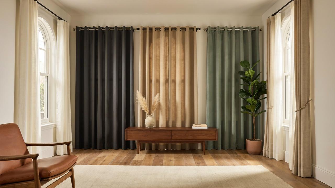 Interior showing different window curtain styles, fabrics, headings, and lengths.