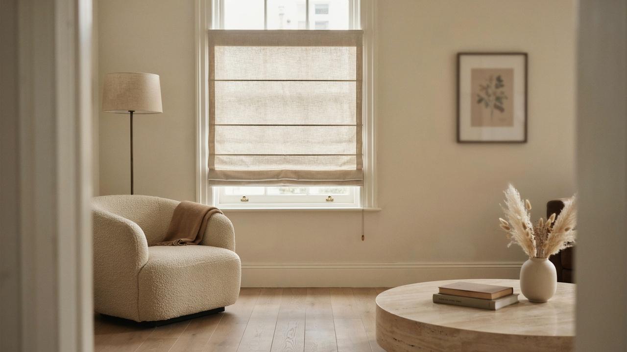 European Roman shade with soft structured folds covering a traditional living room window.