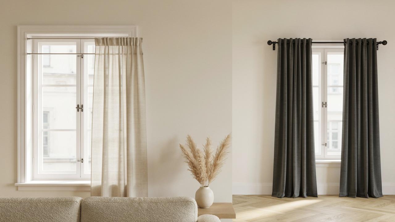 Side-by-side windows showing tension and mounted curtain rods with different installation methods.