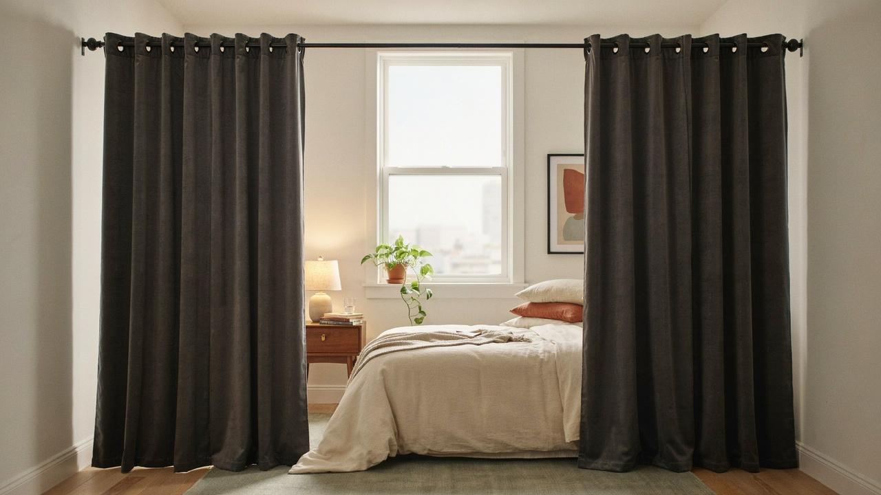Wraparound curtain rod extending toward the walls with blackout curtains around a window.
