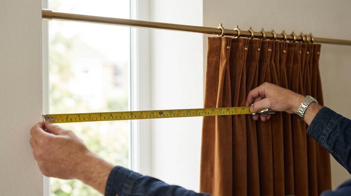 Person measuring curtain stack width from wall to drape with yellow tape measure on brass rod