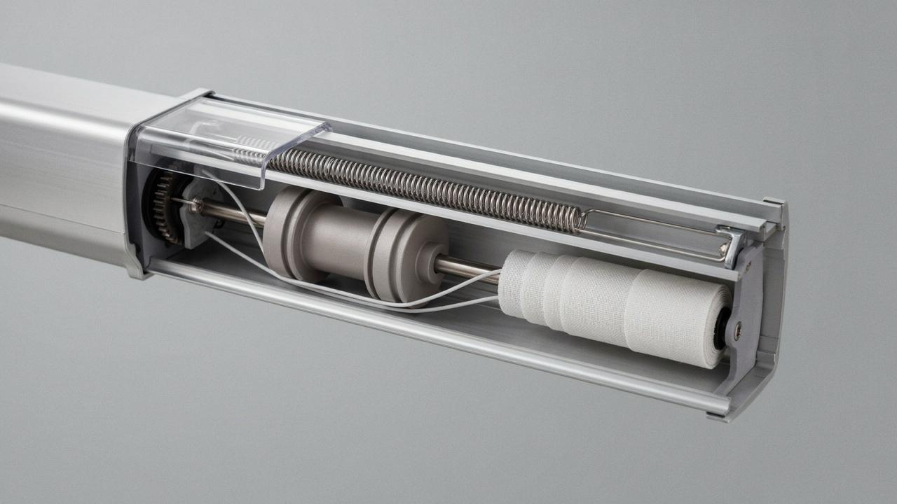 Cutaway view of aluminum roller blind cassette showing internal spring, cord spool, shaft and gear mechanism.