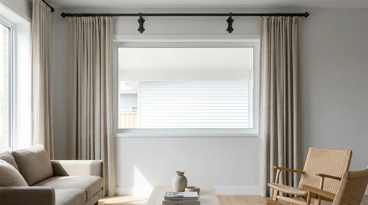Curtain rod brackets evenly positioned above and beside a large window in a modern living room.