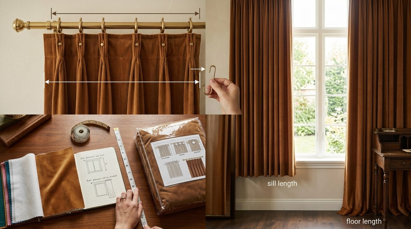 Brown velvet pinch pleat curtains measuring width on brass rod with S-hooks fabric swatches showing sill and floor length