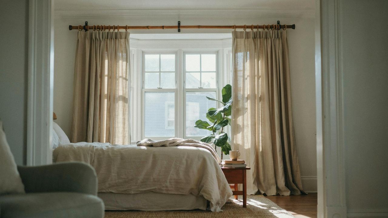 Wooden closet rod repurposed to support heavy curtains.
