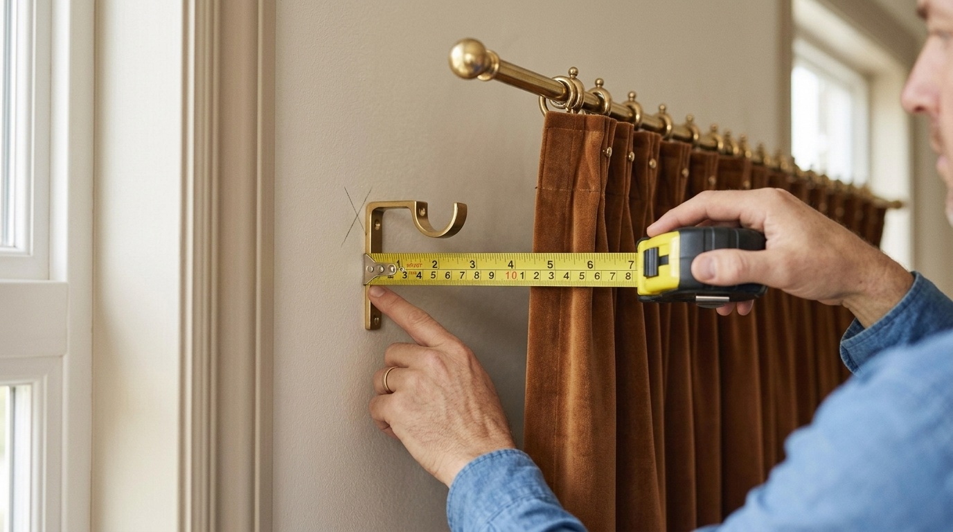 Man measuring distance from brown velvet curtain to brass tieback hook with yellow tape measure on wall