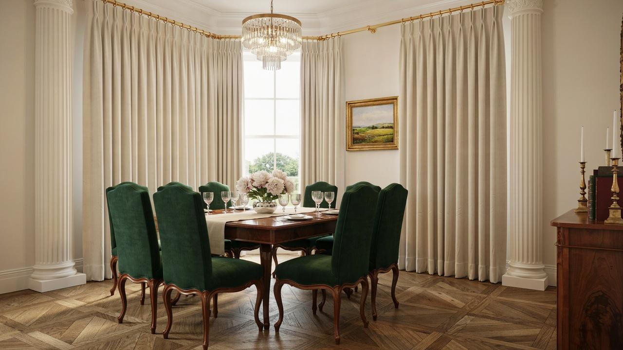 Structured pinch pleat curtains with evenly spaced folded sections.