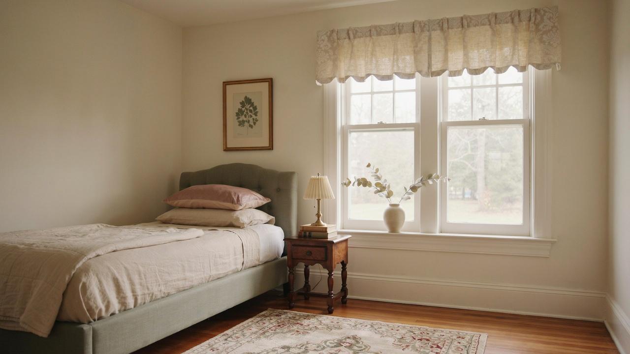 A short valance curtain covering the upper portion of a bedroom window.