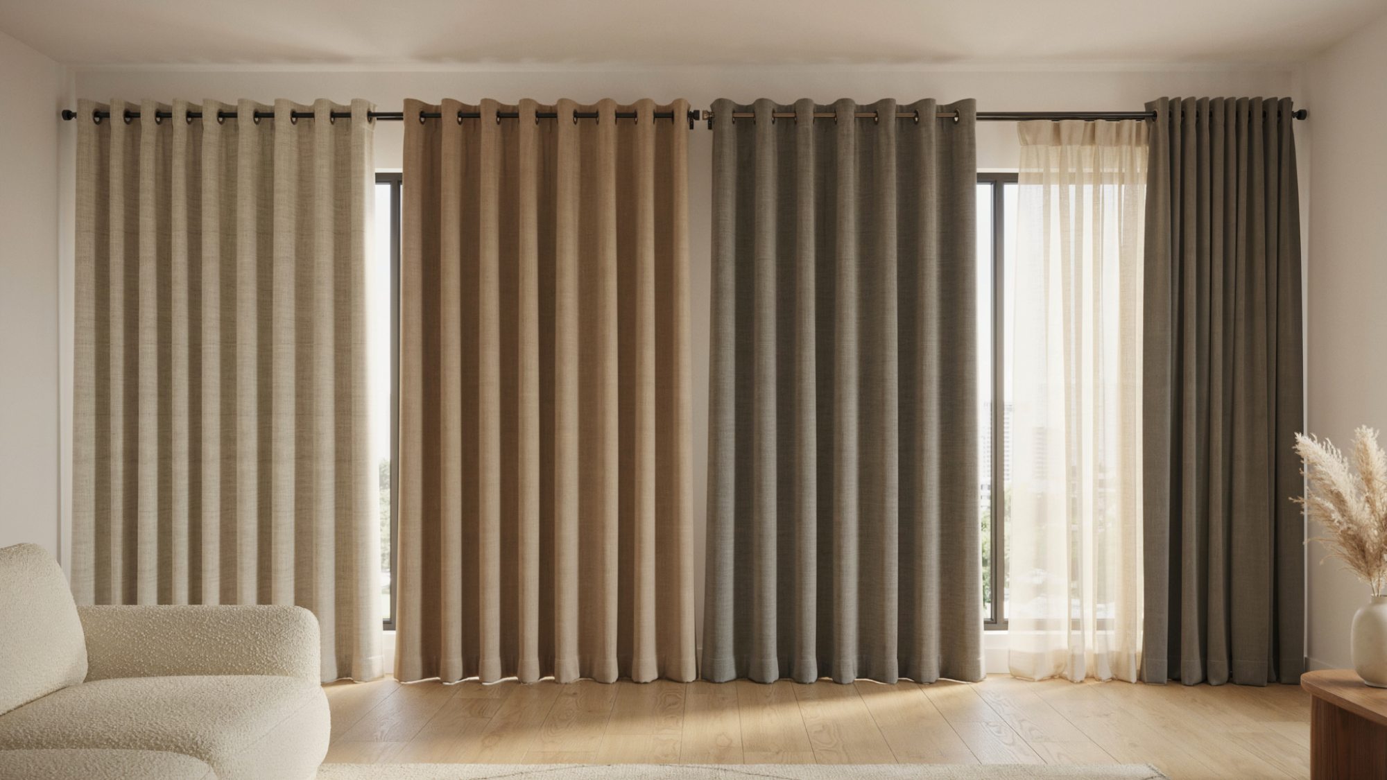 Different curtain heading styles displayed across a modern window.