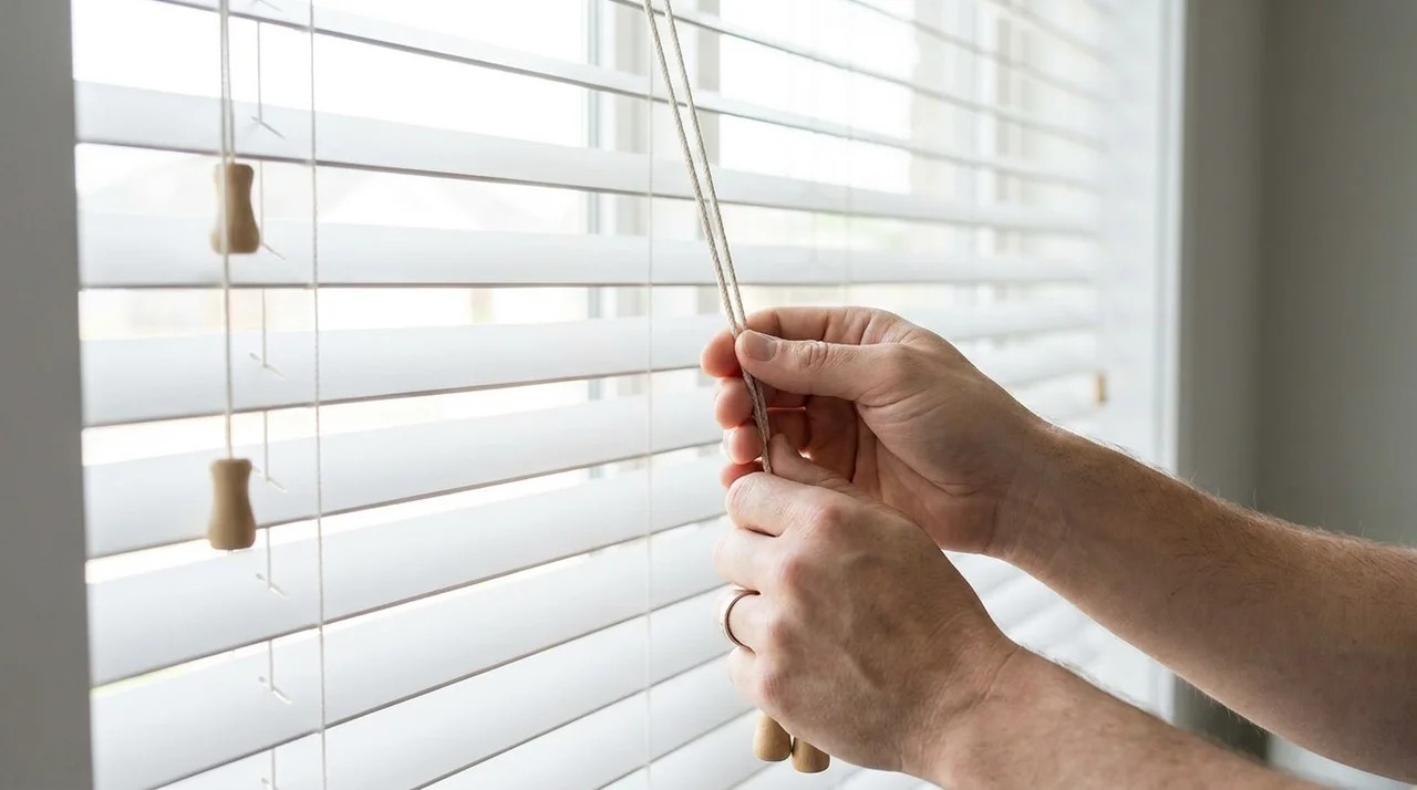 Hands gently operating corded blinds with straight cords and evenly aligned slats.