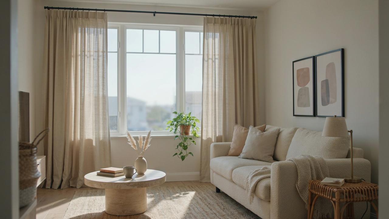 Natural linen curtains with soft wrinkles in a relaxed living room.
