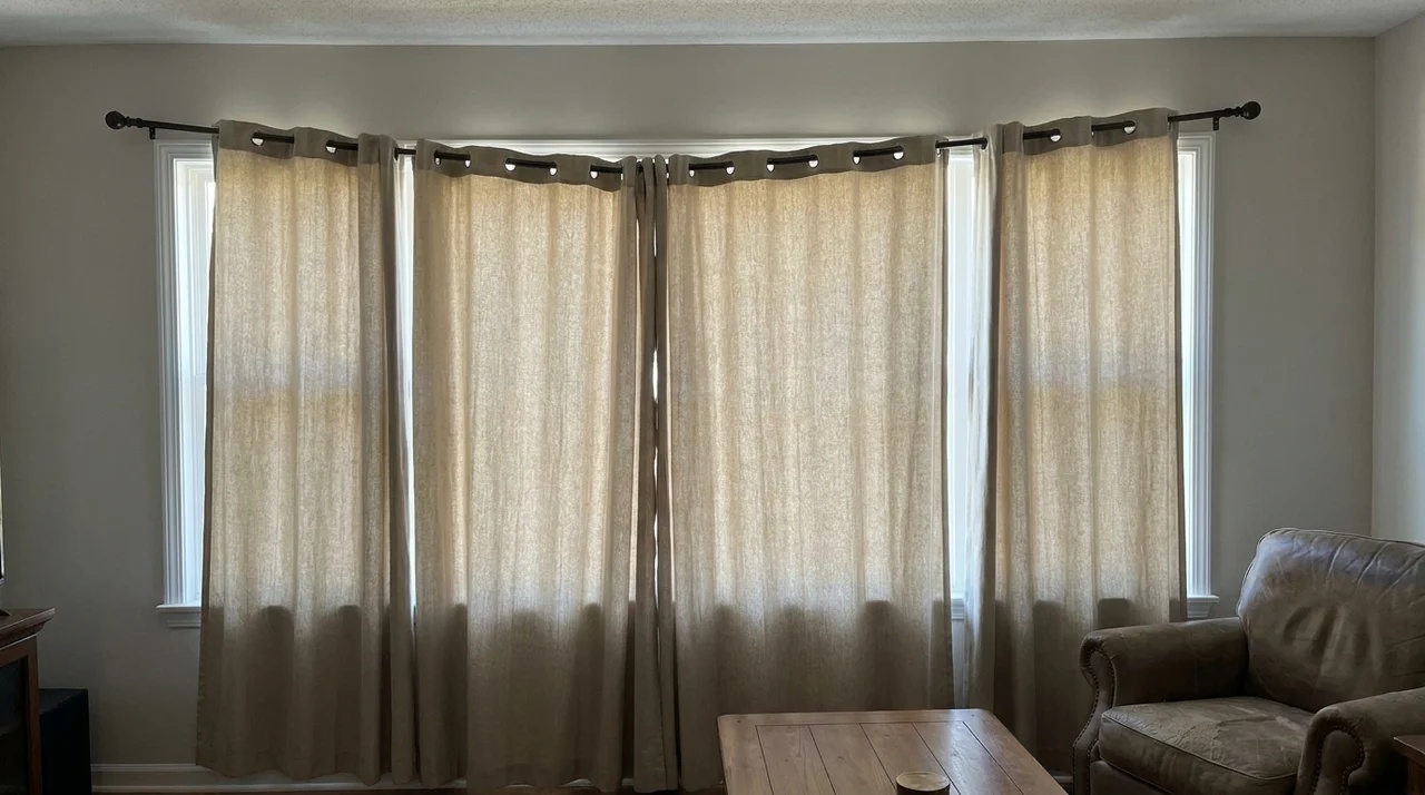 Grommet curtains showing uneven panels, rod sagging, crowded grommets, and window coverage problems.