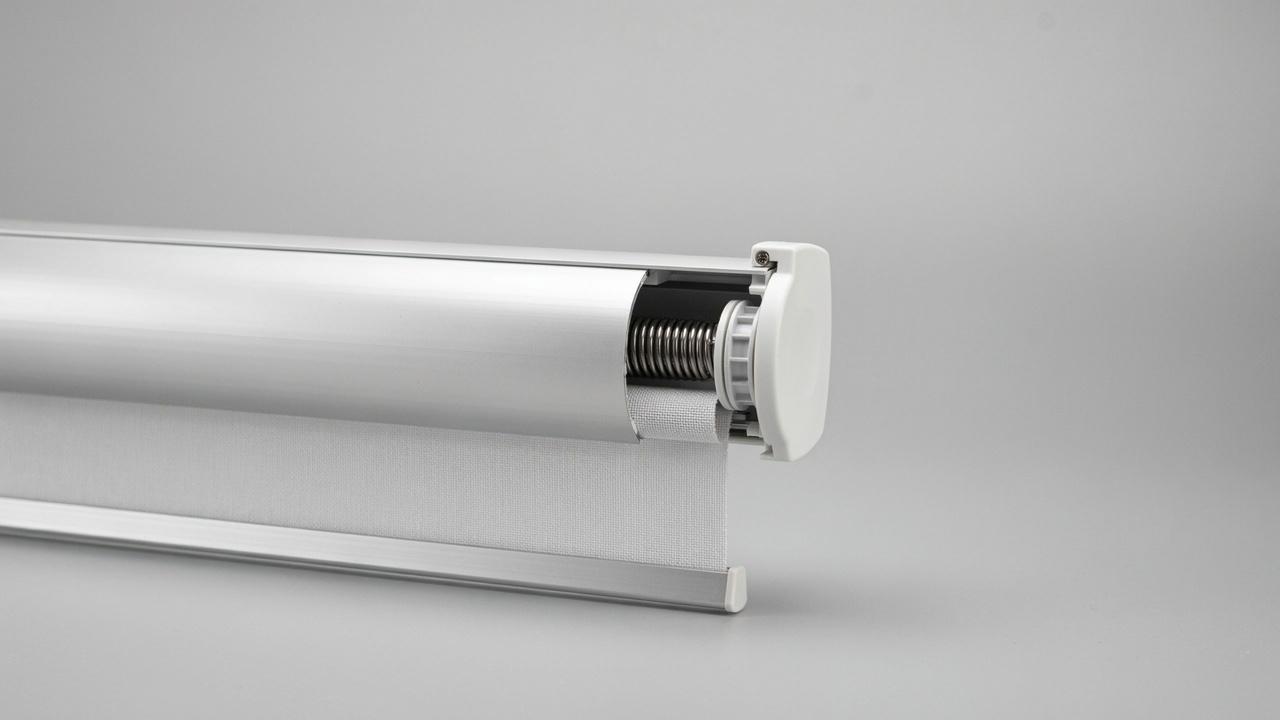 Close-up cutaway view of a white aluminum roller blind cassette showing internal coiled metal spring mechanism, end cap, and white fabric shade partially extended.