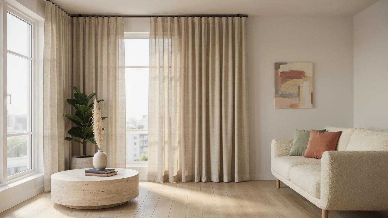 Full-length curtains hanging slightly above the floor in a bright living room.