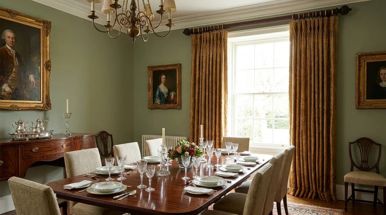 Three-finger pinch pleat curtains with structured folds in a formal dining room.