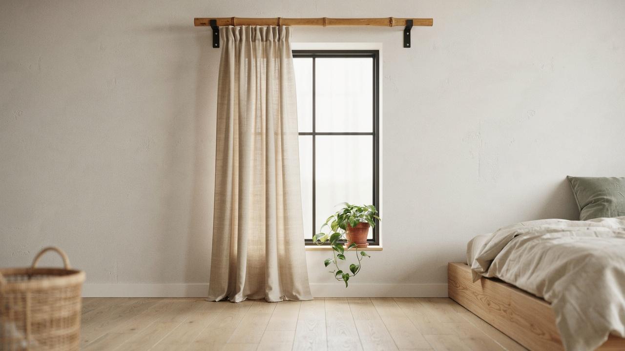 Natural bamboo curtain rod mounted above a minimalist window.