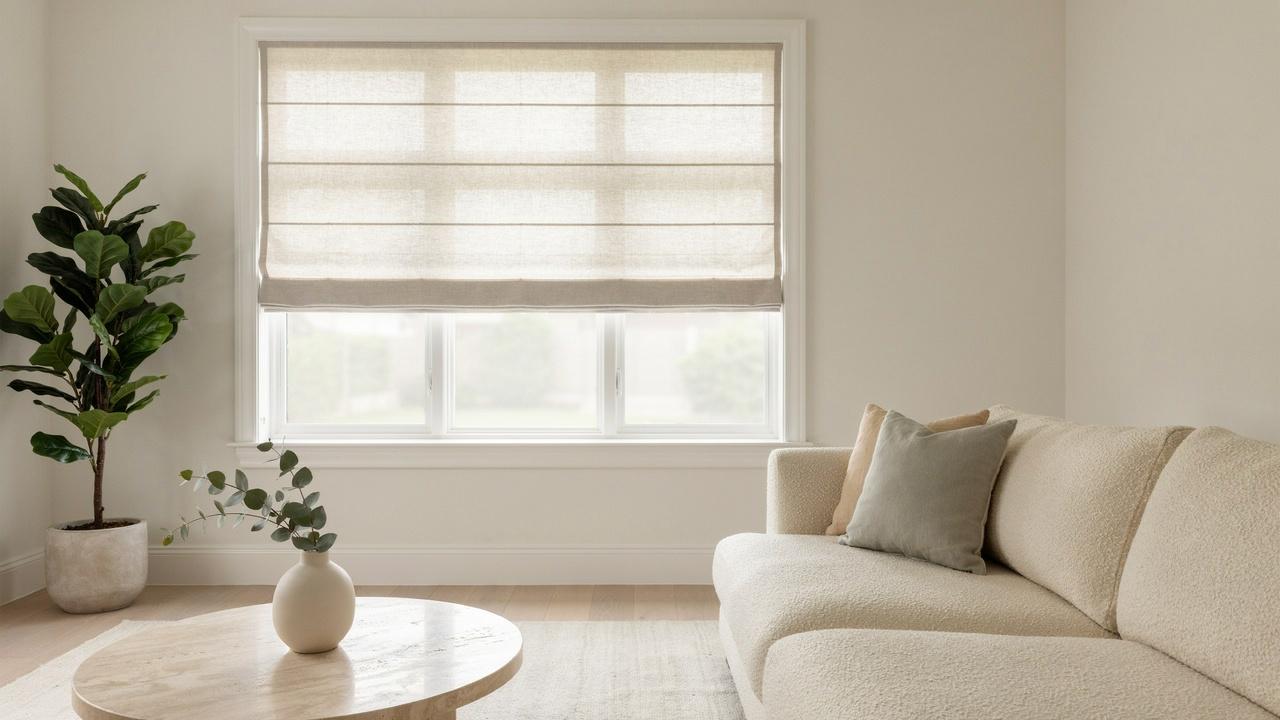 Partially raised Roman shade showing neat horizontal fabric folds over a living room window.