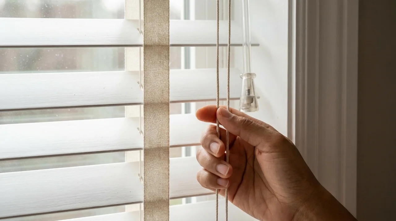 Person identifying the correct lift cord beside traditional horizontal window blinds.
