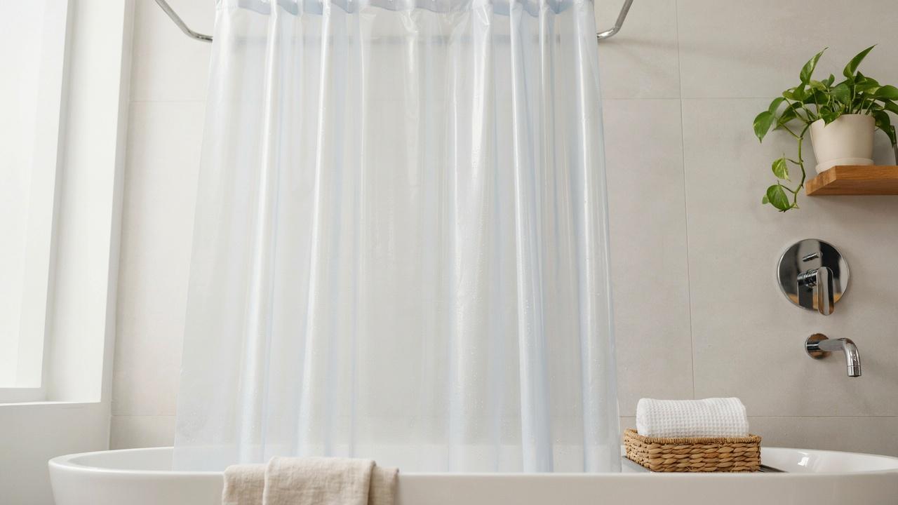 PEVA shower curtain showing water resistance and easy-care benefits in a modern bathroom.