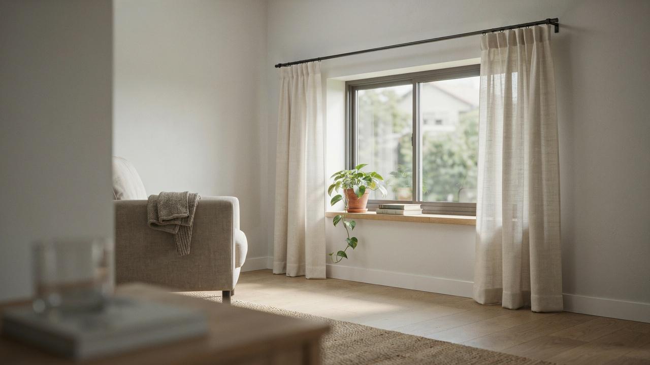 Magnetic curtain rod attached to a metal-framed window with lightweight curtains.