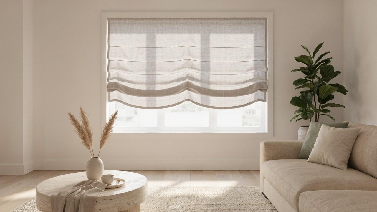 Hobbled Roman shade with layered scalloped folds covering a residential living room window.