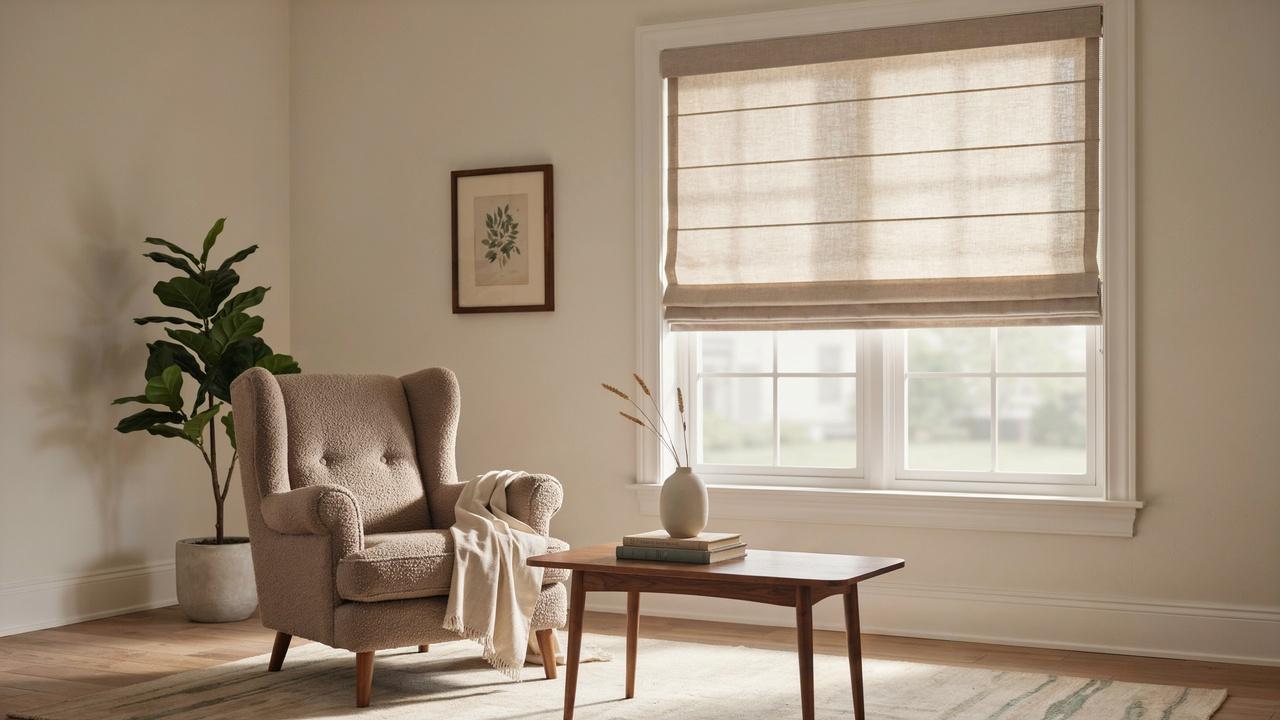 Classic Roman shade with evenly spaced horizontal folds covering a traditional living room window.