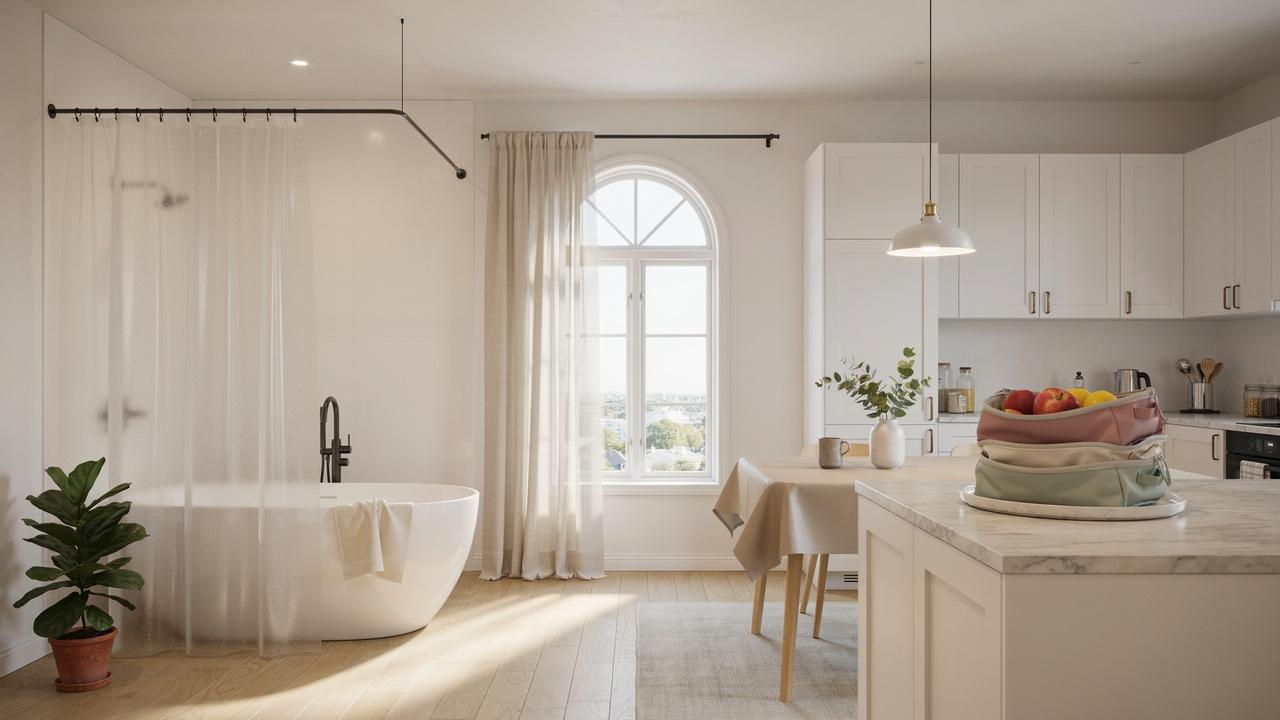 PEVA waterproof household products in a clean modern bathroom and kitchen.