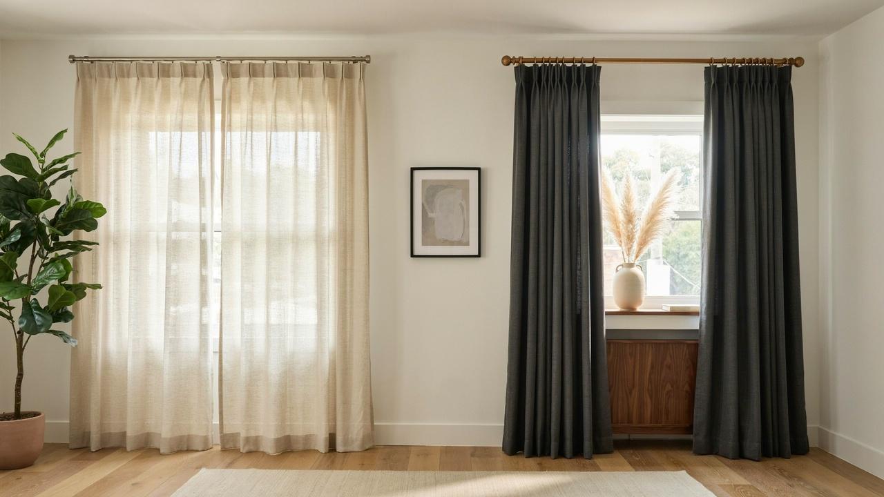 Lightweight curtains and heavy structured drapes shown side by side.