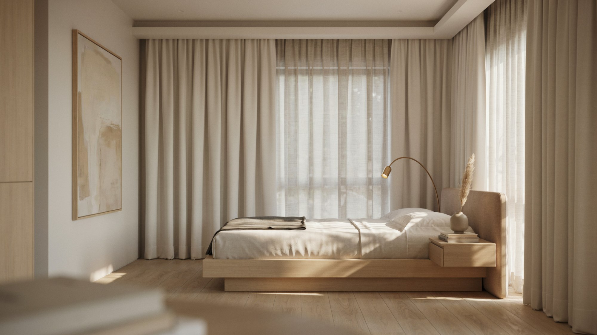 Minimal sunlit bedroom with low wood platform bed, beige linen curtains, gold arc lamp, large abstract art.
