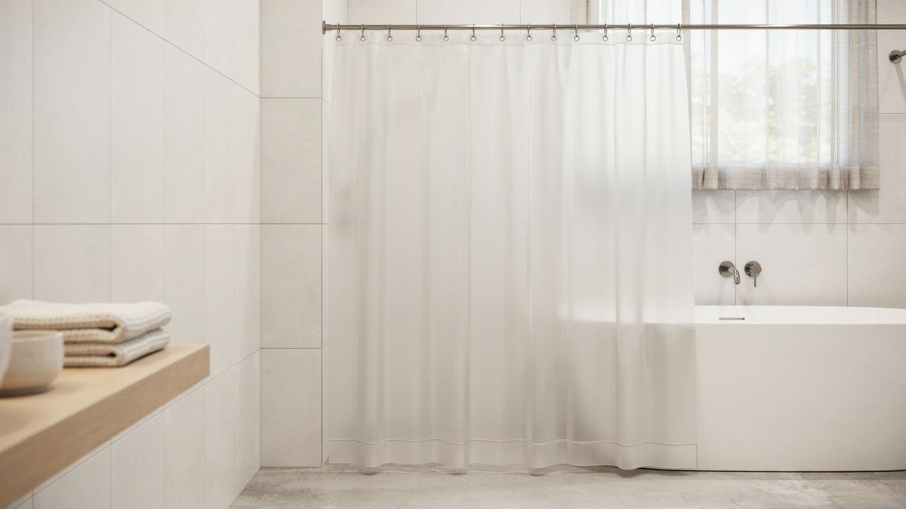 PVC-free PEVA shower curtain in a clean, hygienic modern bathroom.