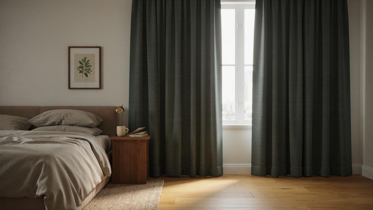 Room-darkening curtains softly reducing daylight in a bedroom.