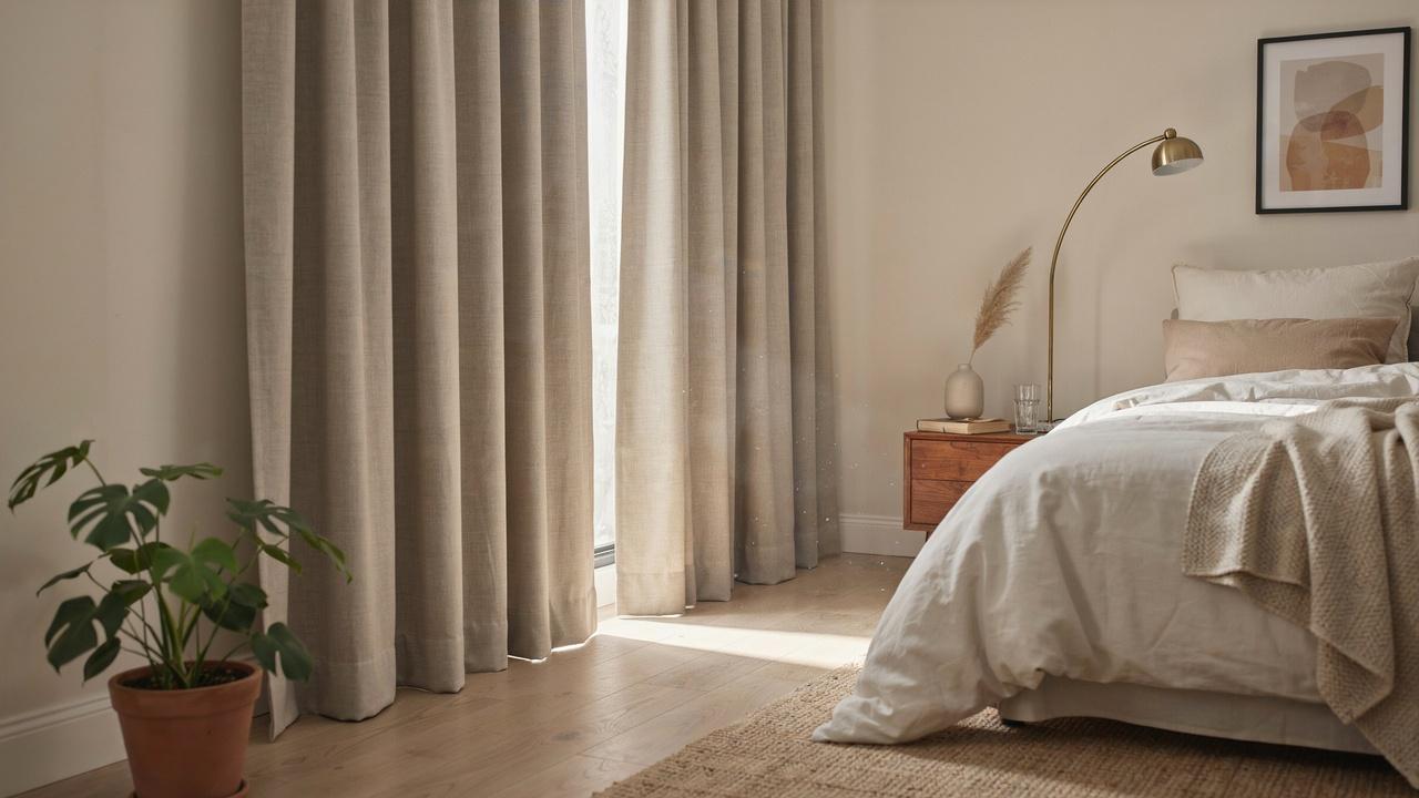 Blackout curtains block strong sunlight from a bedroom window, helping keep the room shaded and cool.