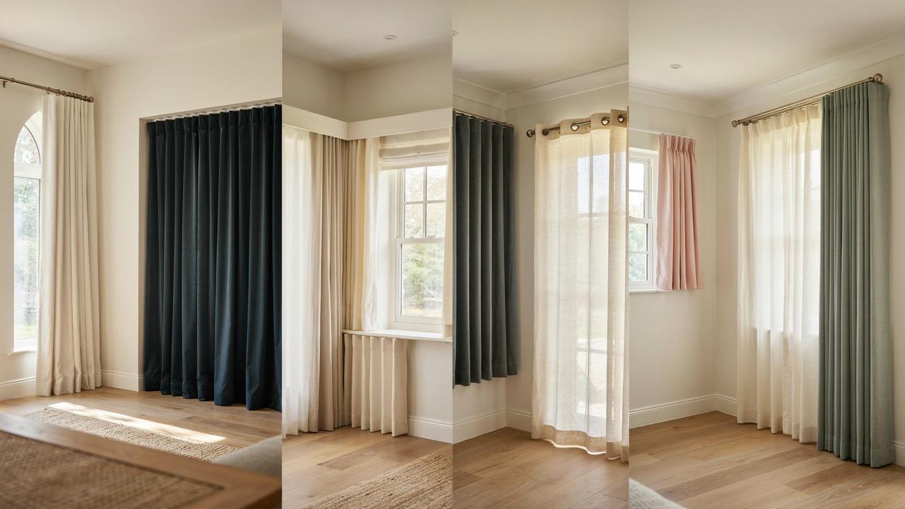 Window curtain styles showcasing varied fabrics, pleats, lengths, and hanging designs.
