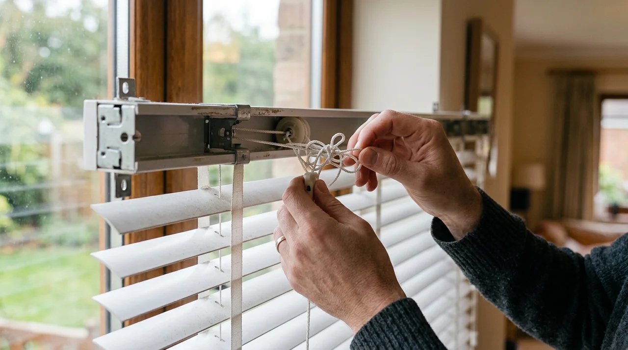 Person inspecting a stuck cord and partially closed blinds near the headrail.