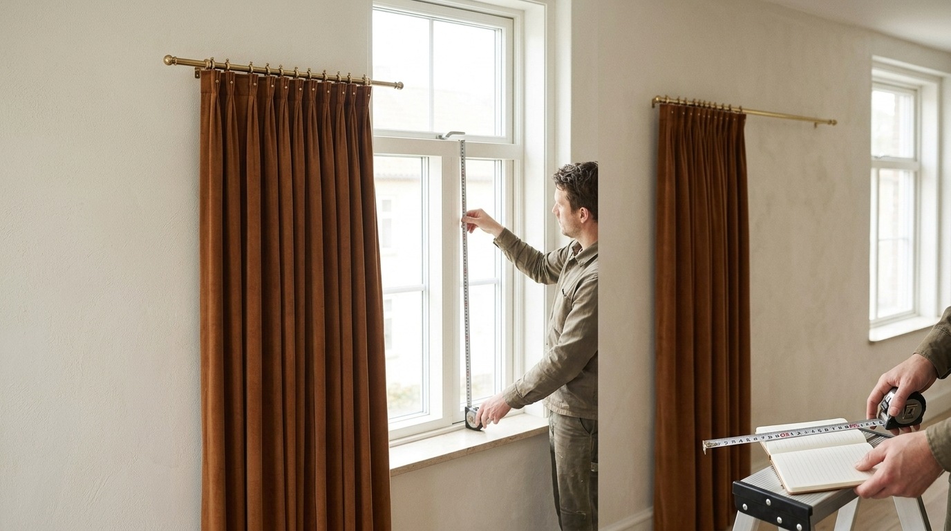 Man measuring window height beside brown velvet curtains on brass rod with tape measure and notebook